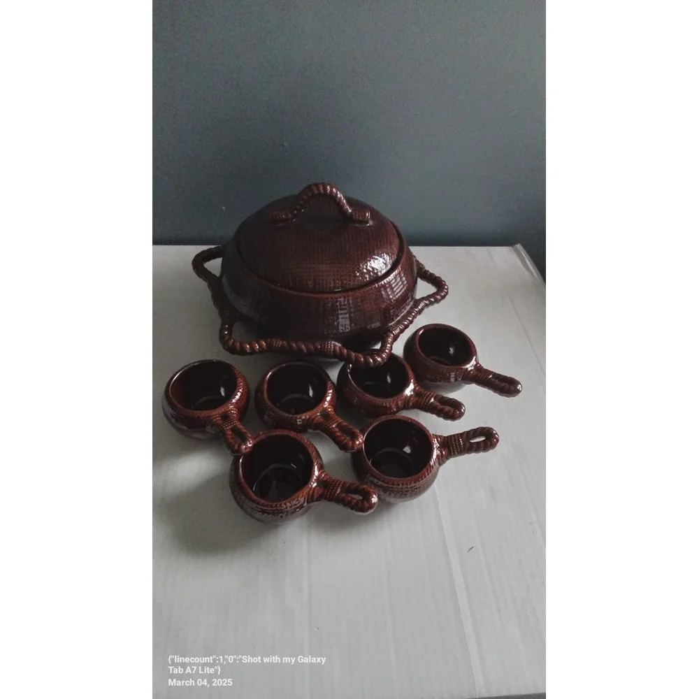 Vintage Ceramic Punch‎ Bowl Set with Ladle Cups Brown Woven Design